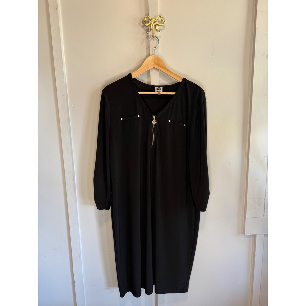 Anne Klein Black V-Neck Zip Front Shift Dress Gold Lion Hardware Womens L